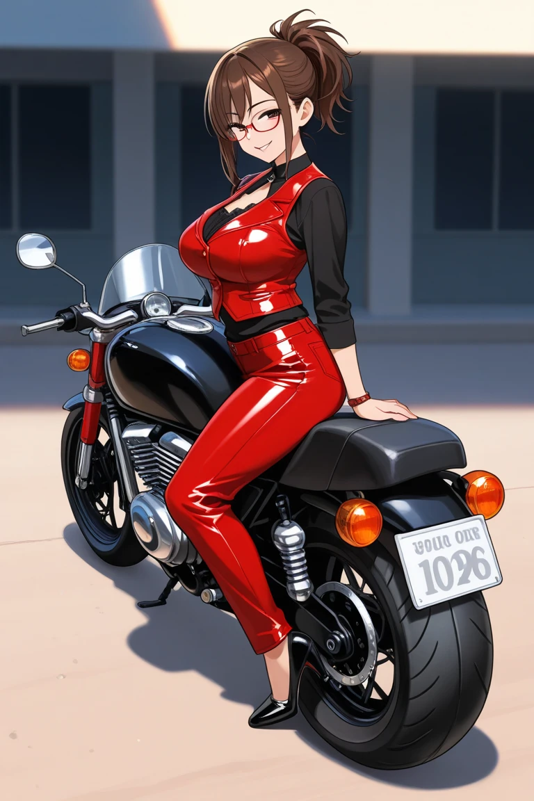 Code Geass, Kallen Stadfeldt 1girl, (((bimbo))), long red hair, puffy lips, painted lips, thick lips, wide hips, thick thighs, big breast, huge ass, revealing cleavage, erotic, Smile face, bubble butt, camel toe, Breasts, blue jeans, Black leather jacket, posing in front of car