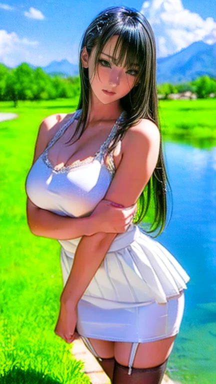 ultra highres,(reality: 1.4),highest quality, masterpiece, high detail, 16K quality, beautiful, 1 beautiful girl,japanese,super beautiful face,baby face,japanese idol face,cute face,super detailed face,detailed hand,beautiful skin,sweaty skin,big eyes,shy,profeccional lighting,long hair,brown hair,brown beautiful eyes, sitting with knee up,legs spread,(skirt lift),medium breasts,white shirt,open button,cleavage,(checked skirt),(spread pussy),detailed pussy,black high socks,she is looking at the camera,summer time,beach,blue sky,beautiful blue sea, nsfw,from front,