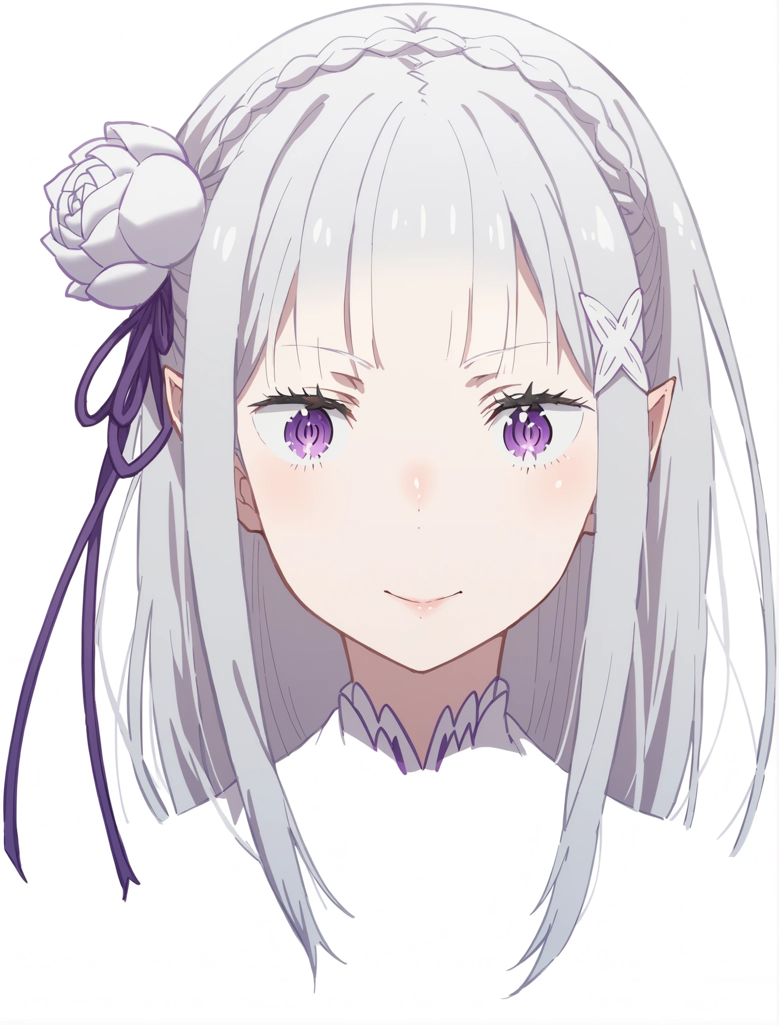 ((Emilia)), girl, , naked, (very white skin), (smile), braid, crown braid, flower, hair flower, hair ornament, hair band, long hair, (detailed hair), purple eyes, white hair, bangs, x-shaped hair ornament, eyebrows, black eyelashes, nose, nostrils, mouth, lips, (simple mouth), pointy ears, detailed ears, (detailed face), (thin face), (((Re zero anime style))), (2d style), (high quality), ((detailed body)), ((design faithful to the original)), (high quality), ((very detailed)),