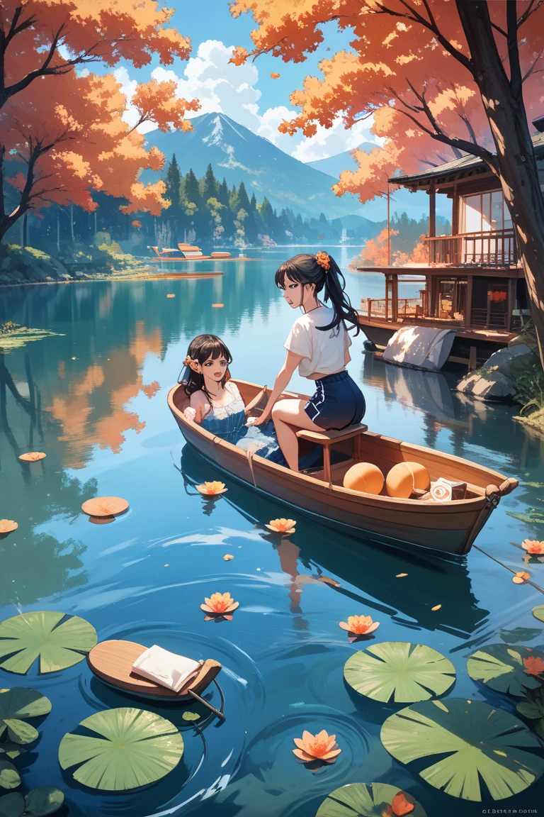 Dragon Boat Festival, On the surface of the water there are 3 children wearing hanfu rowing on the dragon boat, There is a delicious zongzi on the boat, Zongzi green is highly detailed, The best quality, There are lotus leaves on the water, A highly detailed