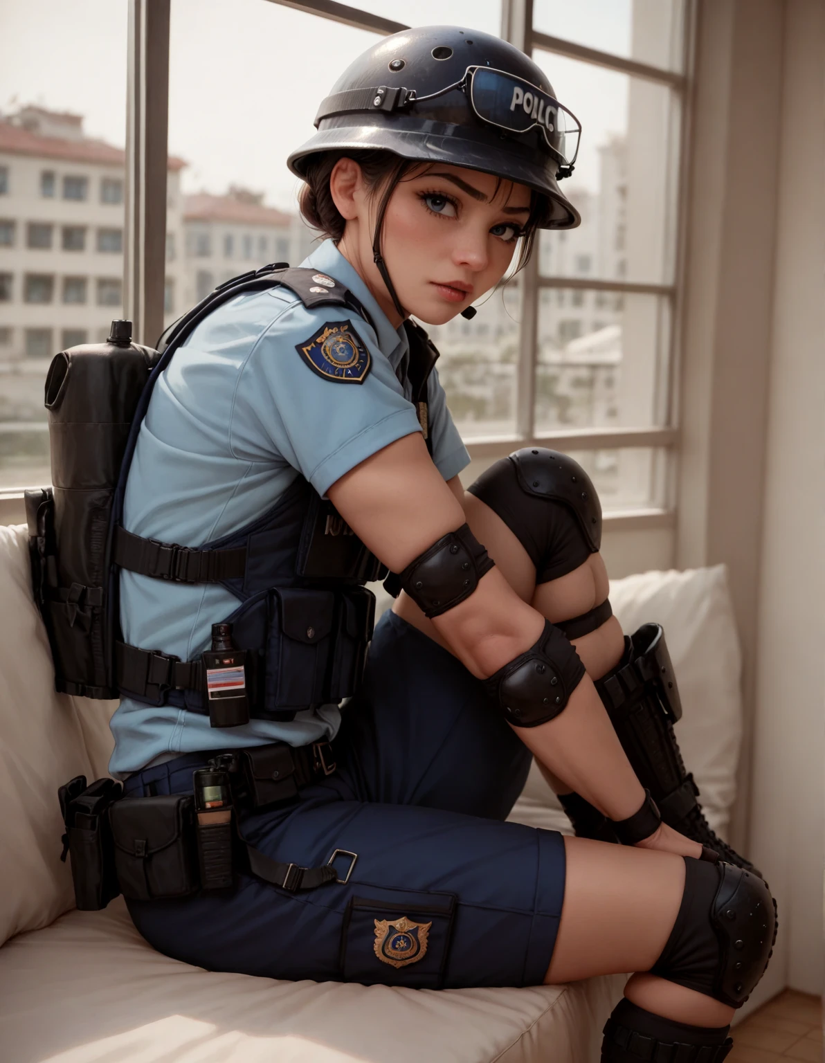 Hyperrealistic photography, a cute nervous 18 year old Russian girl, with freckles & plaster on the nose, short blue hair, wearing soldier helmet with glasses & full of badges, cold and intense expression, use vast military with pocket weaponry, wear raw blue jean shorts, with fishnet stockings & wear military boots, Posing cool and holding a cool gun. M-16 Machinery., raw background alley with raw graffiti style, silly anatomy hand, body & fingers --v 6.0