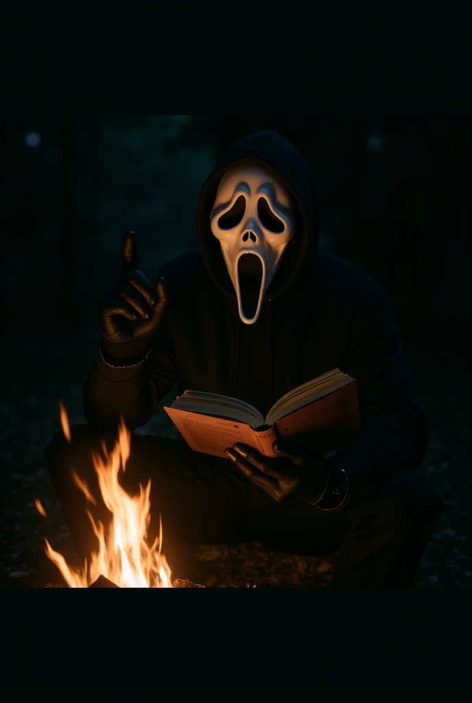 draw a drawing in the proportions 2000x 2000, with a completely white background, colored in the cartoon style of the character from the film Scream, holding a book in his left hand, pointing the index finger of his right hand at someone and smiling,