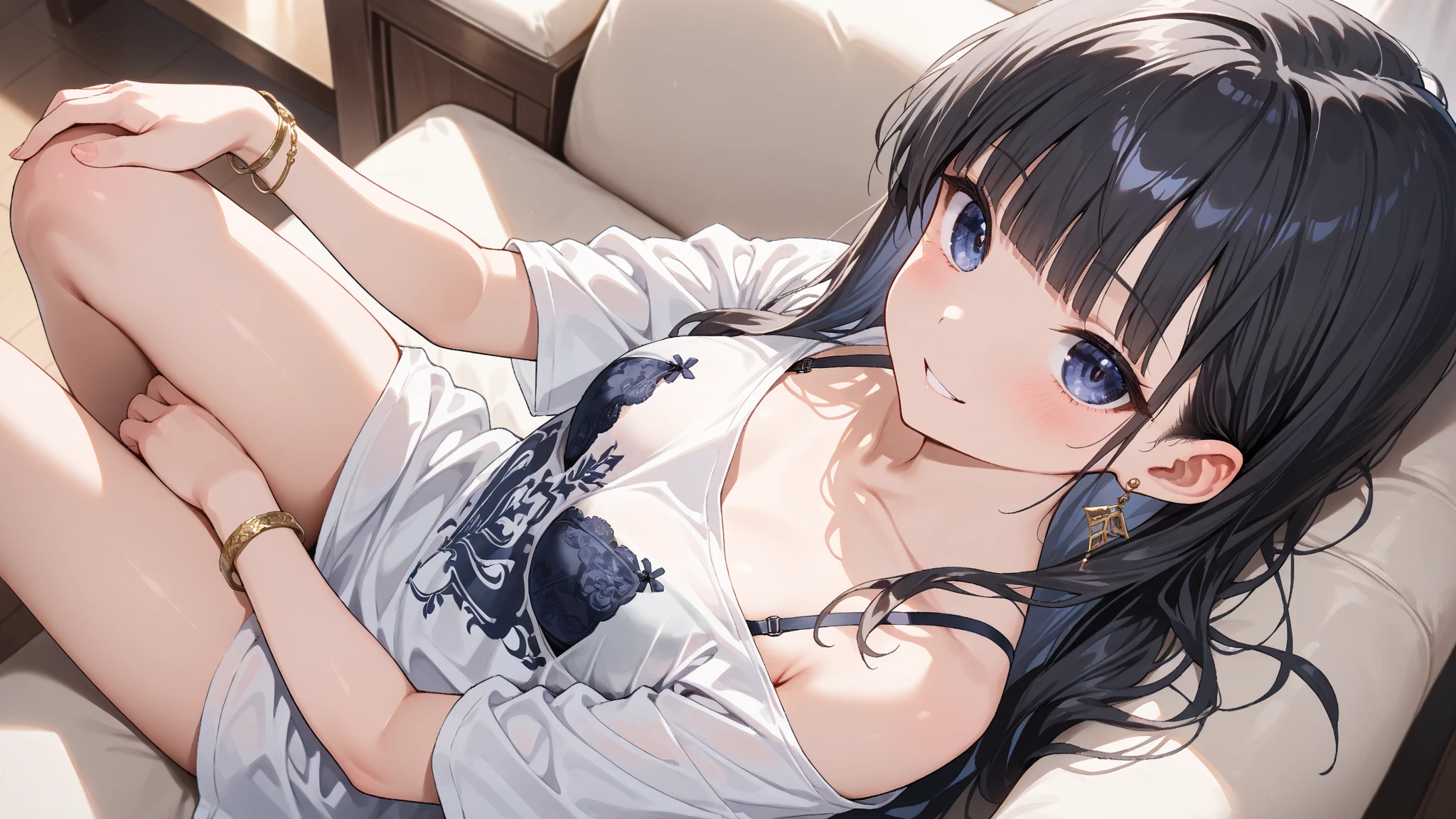 best quality, highres,Slender、brown eyes、tall、black hair、(bangs bangs:1.5)long hair,straight hair、Hotel、dark room、lying on the bed、19 years old、(light blue underwear:1.5)