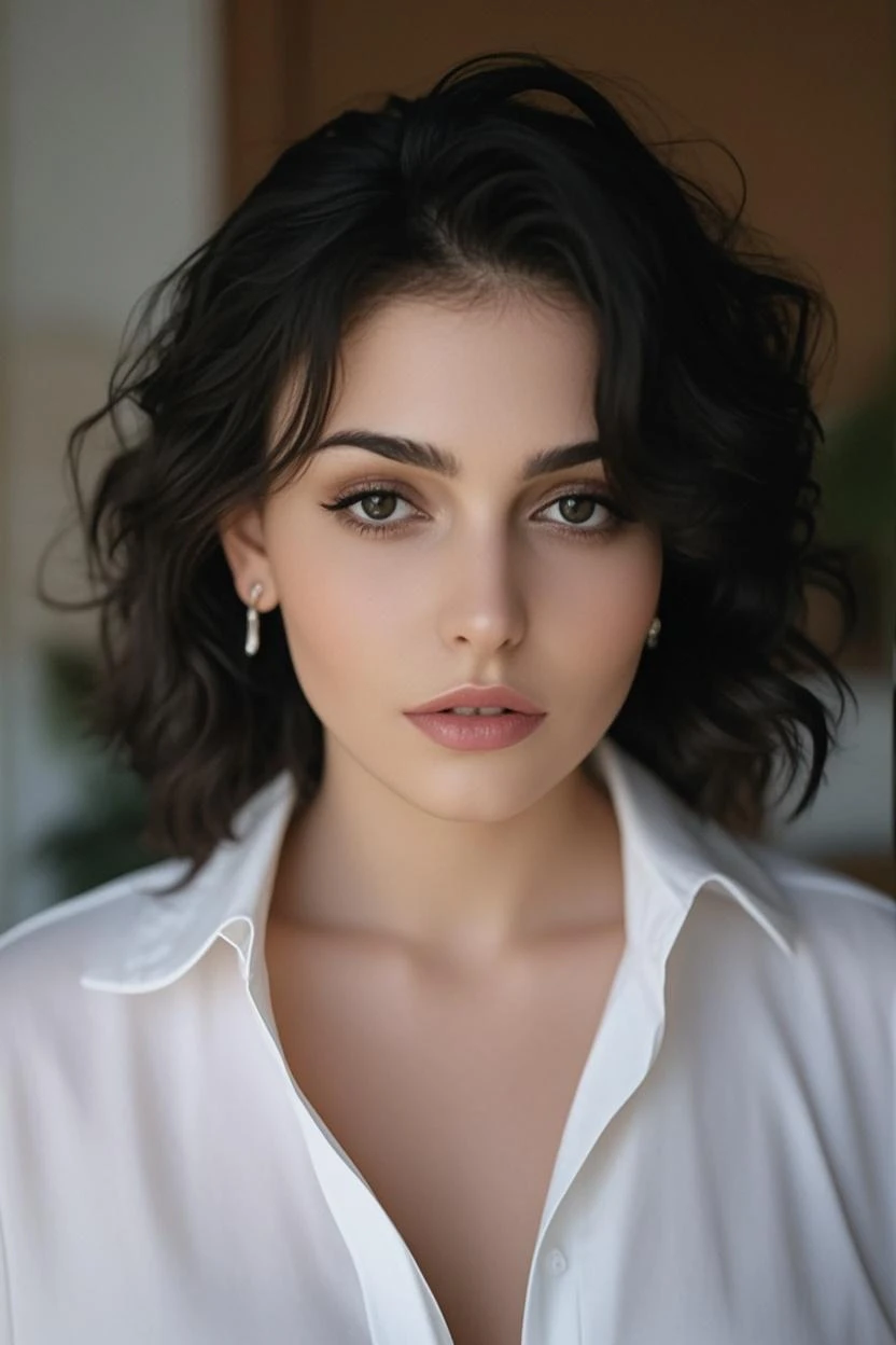 1 woman, solo, 30 yo woman, (((30 years old woman))), (wife), (((dark bob hairstyle, arched eyebrows))), ((small chest)), she's has GLITTER LOTION on skin, ((fair skin)), ((round face)), ((cute nose)), ((big plump lips)), ((cute cheeks)), ((adorable sexy cute woman)), hands relaxed, holding, ((wearing loungewear)), relaxing against window, cozy, hip shape lovely, ((background: indoor picture window)) instagram photo, portrait photo, perfect detailed eyes, natural skin, warm lush lighting, glistening skin