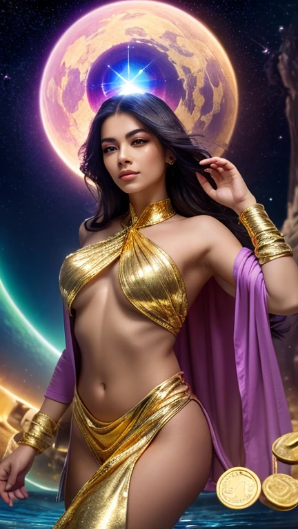 the best work of art, Kanjeng Ratu Kidul, Queen of the Southeast Asia, beautiful woman, sexy, exotic, erotic, long hair blowing in the wind, smiling and somewhat serious face, wearing a small gold crown with a crystal arrangement in the middle, dark green kemben (camisole) luxurious jewelry, dark green shawl and cloth skirt batik sarong, smooth green and white, standing on blue water with waves and with a dramatic effect, surrounded by whirlpools, creating a mystical atmosphere, fractal art, bright and shining in the center with a dark background, water manipulation, intricate details, hyperrealistic, throughout body.UHD,HD,hyperdetail