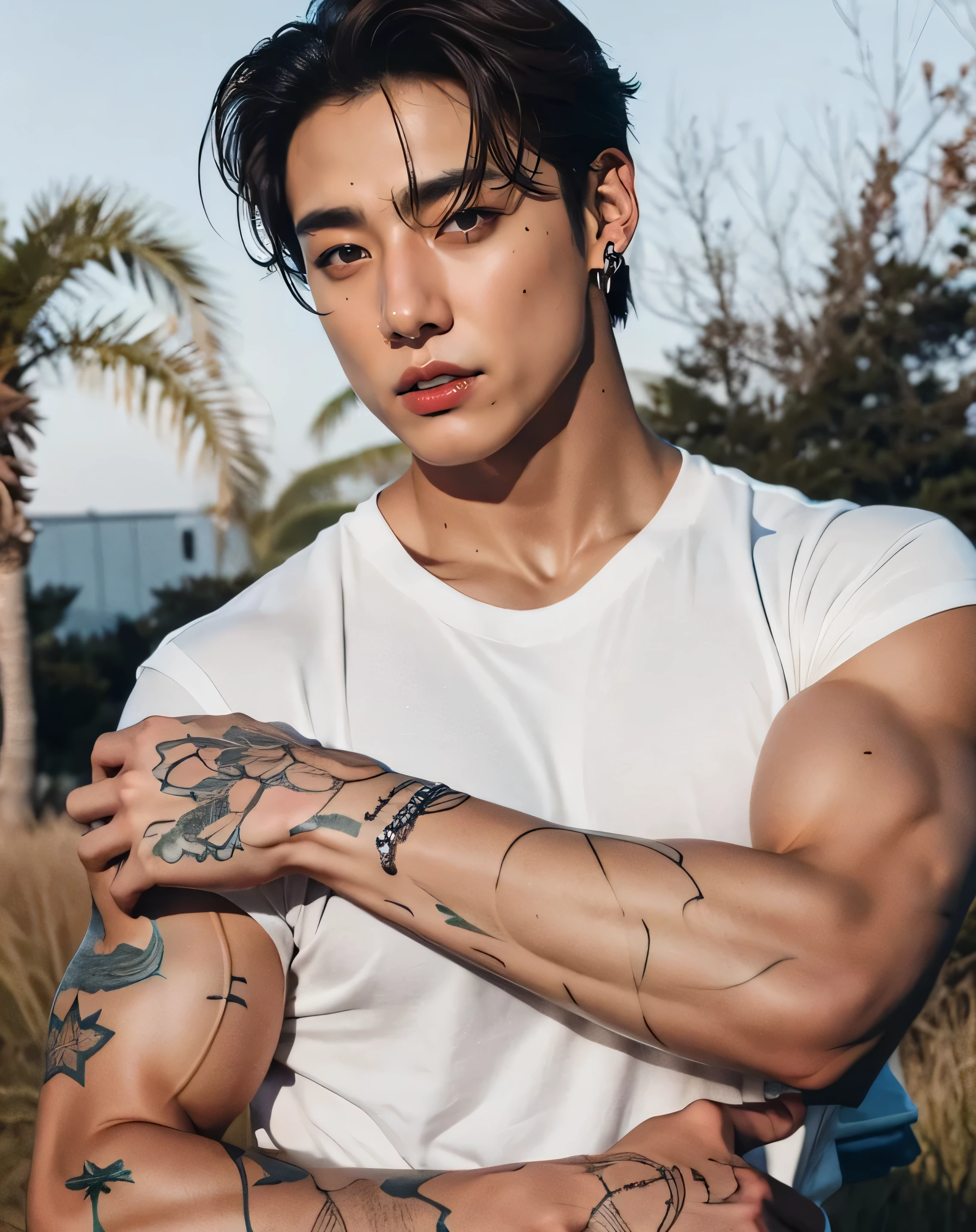 A shirtless Asian man with a round face., black eyes, staring at the viewer, morning sun, ((face details)), Double eyelids, realistic, Masterpiece, short hair, black eyes,abdominal muscles, The body is beautiful and strong...,, (digital painting, HDR, high contrast