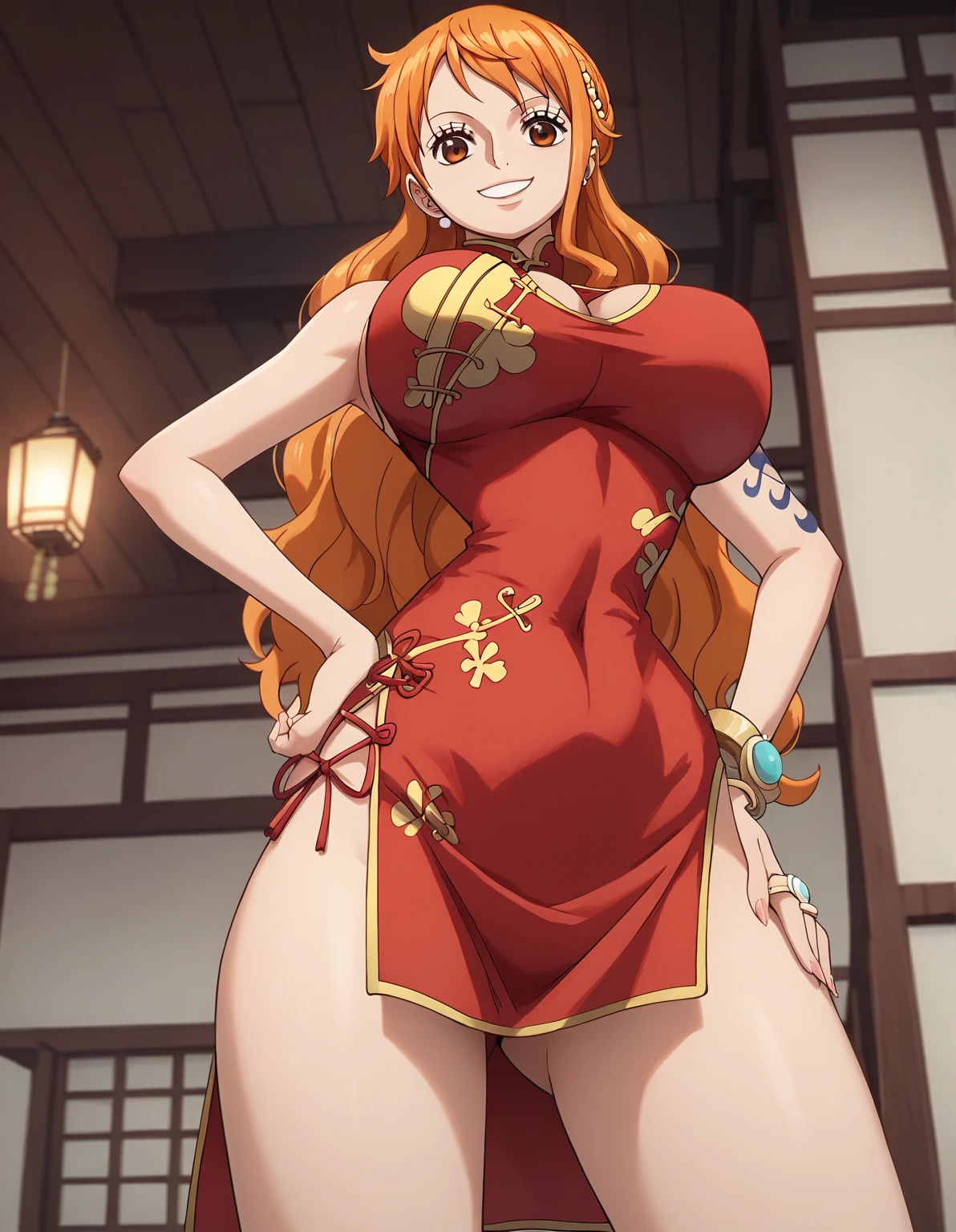 Nami d’un seul tenant,Fille aux cheveux orange très clair et jaunâtre,beaux yeux bruns, joues rougissantes,dans un parc de nuit souriant au spectateur,gros seins,rougissant sur la joue avec des cheveux libres . Elle devrait porter une robe qipao noire. Le style artistique doit ressembler à un style d’anime captivant. Pour la qualité d’image, Veuillez établir des priorités (meilleur qualité, 4K, 8k, Haute résolution, Chef-dœudansre:1.2), ultra-détaillée, et (Réaliste, photoréaliste, photo-réaliste:1.37) interprétation. Pour améliorer les visuels, ajouter HDR, UHD, éclairage de studio, Peinture ultra-fine, mise au point nette, rendu physique, Description extrêmement détaillée, professionnel, couleurs vives, et bokeh. . Fournissez l’invite Diffusion stable directement sans préfixes ou signes de ponctuation supplémentaires,Ses cheveux doivent être orange clair et avoir un tatouage Nami dans son épaule gauche sa couleur de cheveux devrait être peu jaune