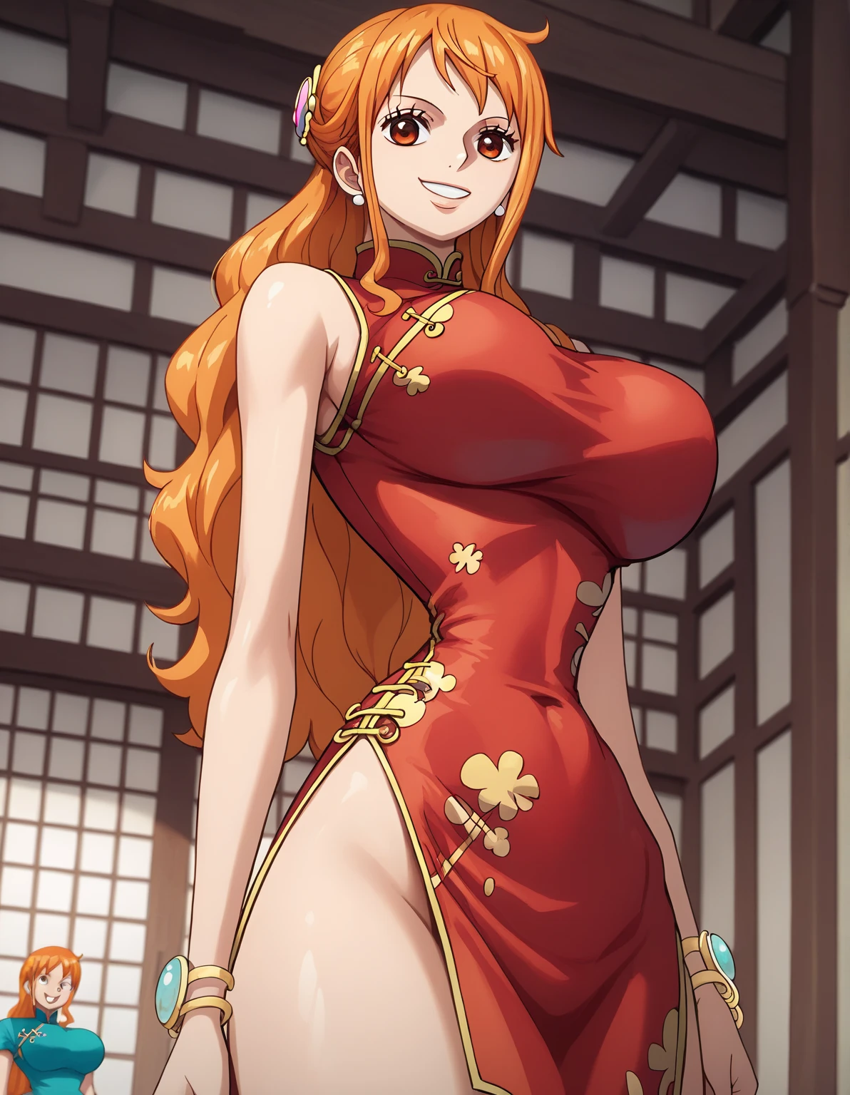 score_9, score_8_up, score_7_up, source_anime, best quality, Nami, orange hair, long hair, large breasts, perfect body, china dress, red clothes, indoor, standing,