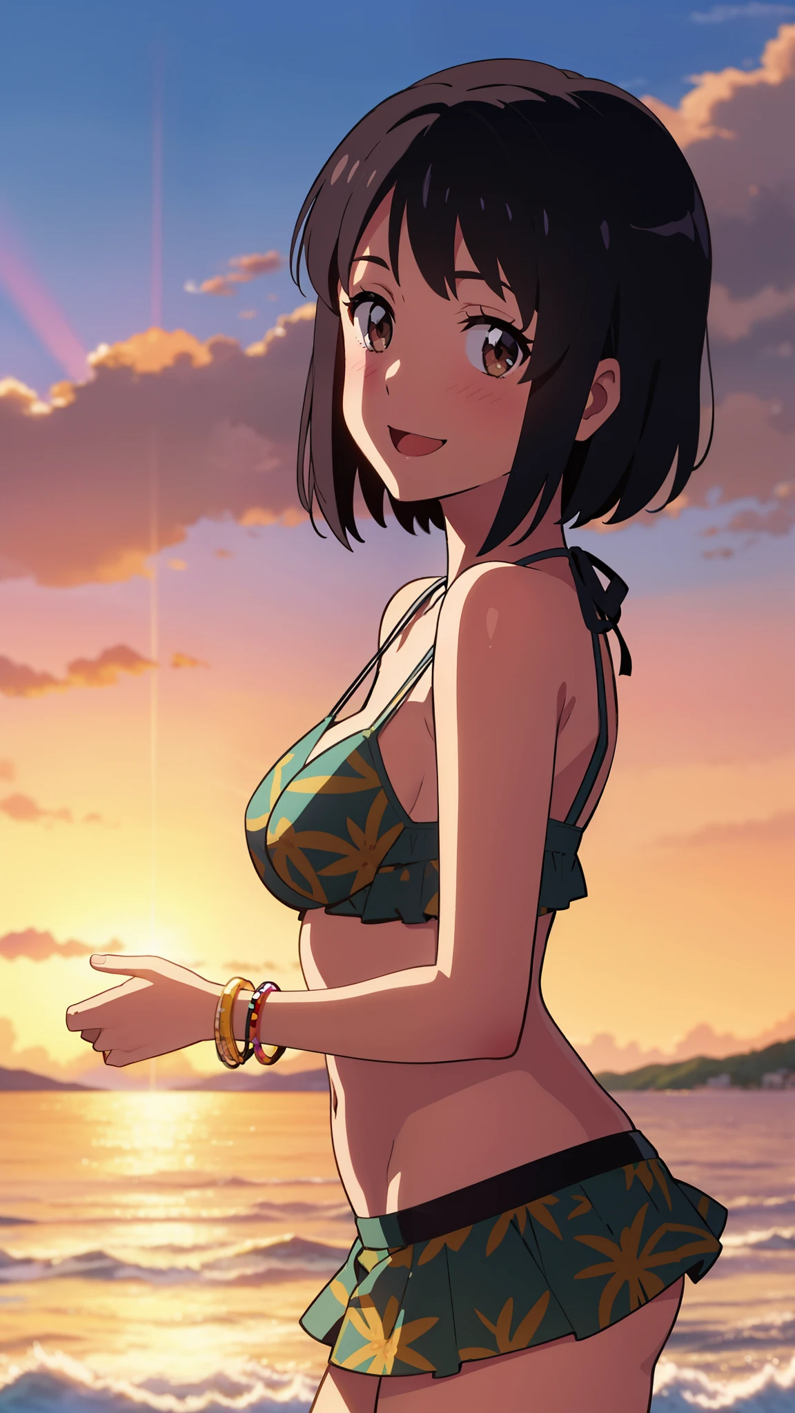 shinkai makoto, kimi no na wa., 1girl, miyamizu_mitsuha, bangs, black hair, brown eyes, headband, red headband, swimsuit, bikini, short hair, smile, solo, muse, open mouth, blush, looking at the viewer, sky, evening, sunset, sunlight, Tropical Beach, sand, ocean, palm, island, sun rays, splash, shadow, happy, cloud, sunrise, (((Super close-up shot looking back from the basement to emphasize cleavage while sleeping.))), Slightly thicker emphasis on the thighs, a micro bikini with a floral pattern on her chest, Emphasis on cleavage, Tahitian dancer, dance tahitian dance, areo(wear a skirt around the waist), seashell necklace around neck, hibiscus ornament in hair