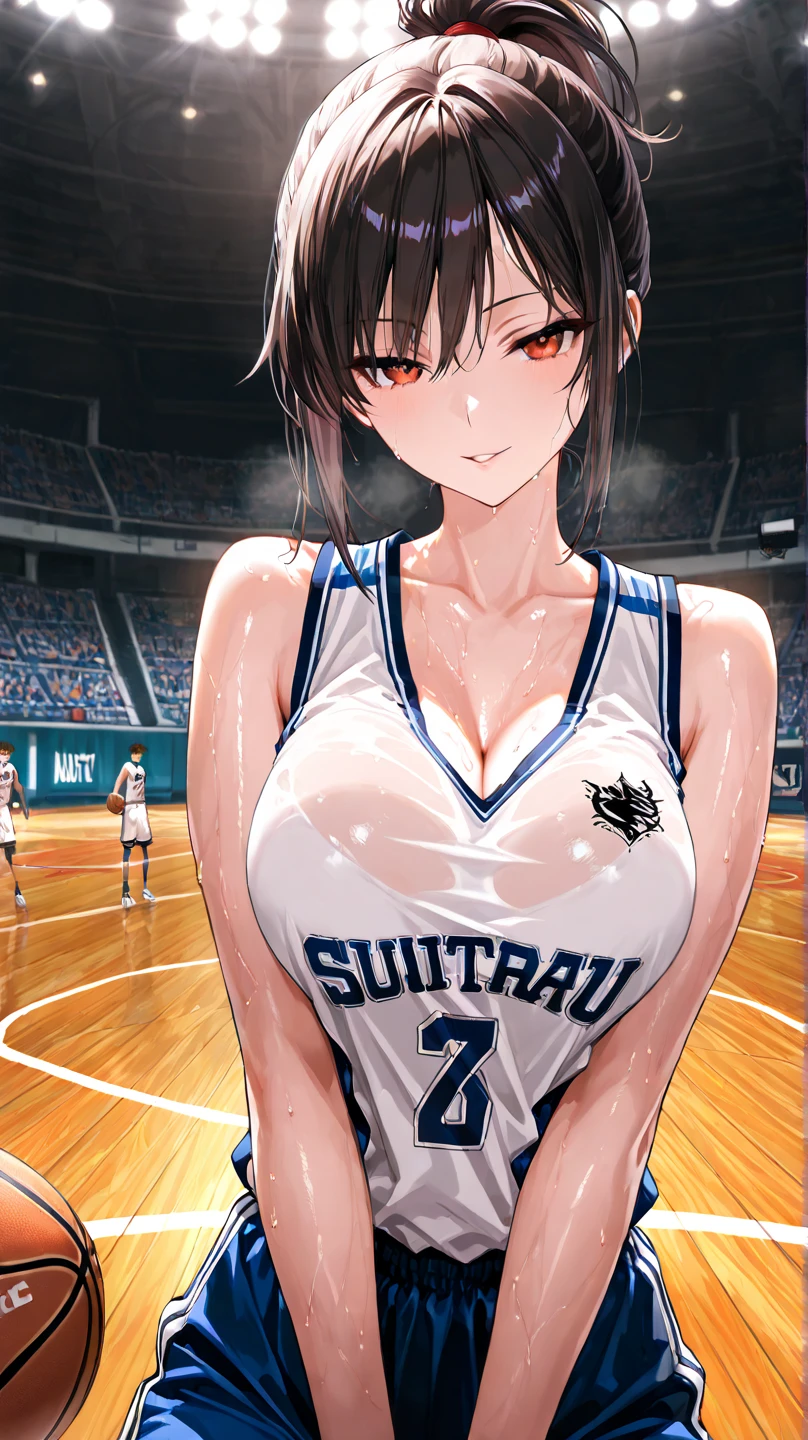 1 women, big breasts, basketball costume,You can see a little bit of your underwear,bob black hair , correct anatomy ,Beautiful eyes, beautiful face , tsudere,milf,in the locker room,red eyes,เขินอาย