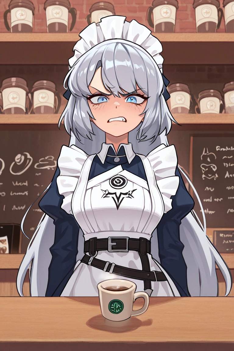 1 female, blue eyes,cup D, Masterpiece, high quality, gray hair, cabello largo, league belt away,maid's uniform, coffee shop , Frustrated expression ,angry face,disgusted face,tender look