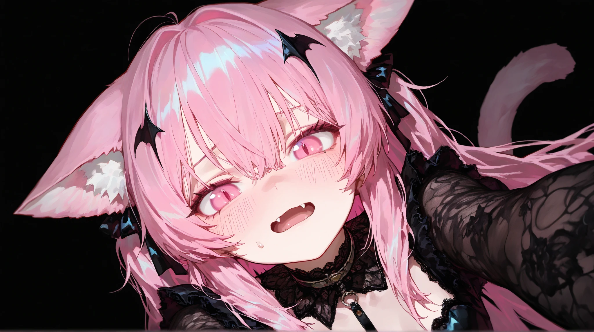 hair bobbles, wince, longeyelashes, solid circle eyes, fake animal ears, streaked hair, heart-shaped pupils, mole under eye, open mouth, shy, tongue, fangs, tongue, light blush, oral invitation, beret, Surrealism, drop shadow, anaglyph, stereogram, tachi-e, pov, atmospheric perspective, 8k, super detail, ccurate, UHD, high details, Masterpiece Beautiful, pure, girl, student, perfect body, full body, relatively naked