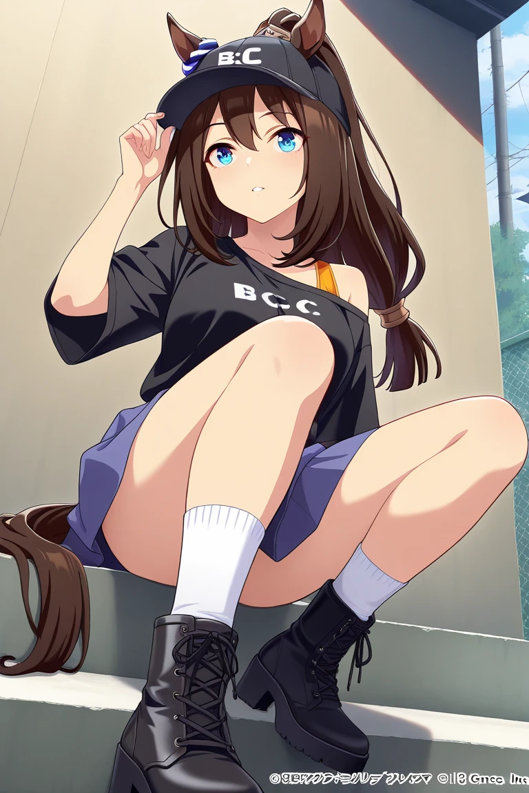 Highest quality, 8k, Junior high school girl, long brown hair, small Breasts, Horizontal bar, Forward upward circling, Lift your legs, Horizontal bar にぶら下がる, T-Shirts, Denim shorts, black knee high stockings, playground