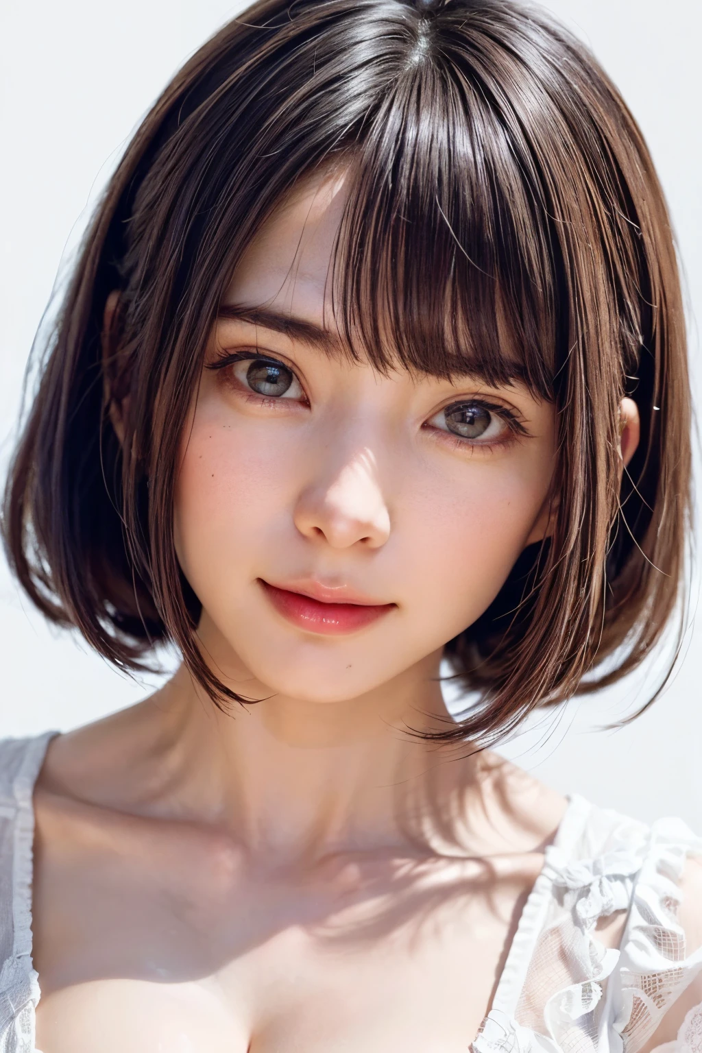((masterpiece, Highest quality, High resolution、Realisticですべてが美しく詳細に描かれている)), 1 person, (Realistic: 1.4), alone, White Background, snow-White Background, Mouth closed, smile, smile, Beautiful black hair, short hair, Big eyes, Transparent double eyelids, eyelash, Listen carefully, Long neck, 美しくLong neck, Absolute area, ((Face close-up)), (Draw the whole head, shoulder), 1, Attractive proportions, Glowing Skin, Beautiful clavicle, Golden ratio face, Perfect Face, Teardrop-shaped mole, chestのほくろ, bangs, clean bangs, beautiful bangs, Lip gloss, Thin lips, Fair skin, naked, Big Breasts, {Huge|big|Hugeな|Mega} chest:2, chestの谷間:2,chestの谷間を見せる、Small face, Small face, All the heads are painted, shoulder all drawn, Point slightly above the camera