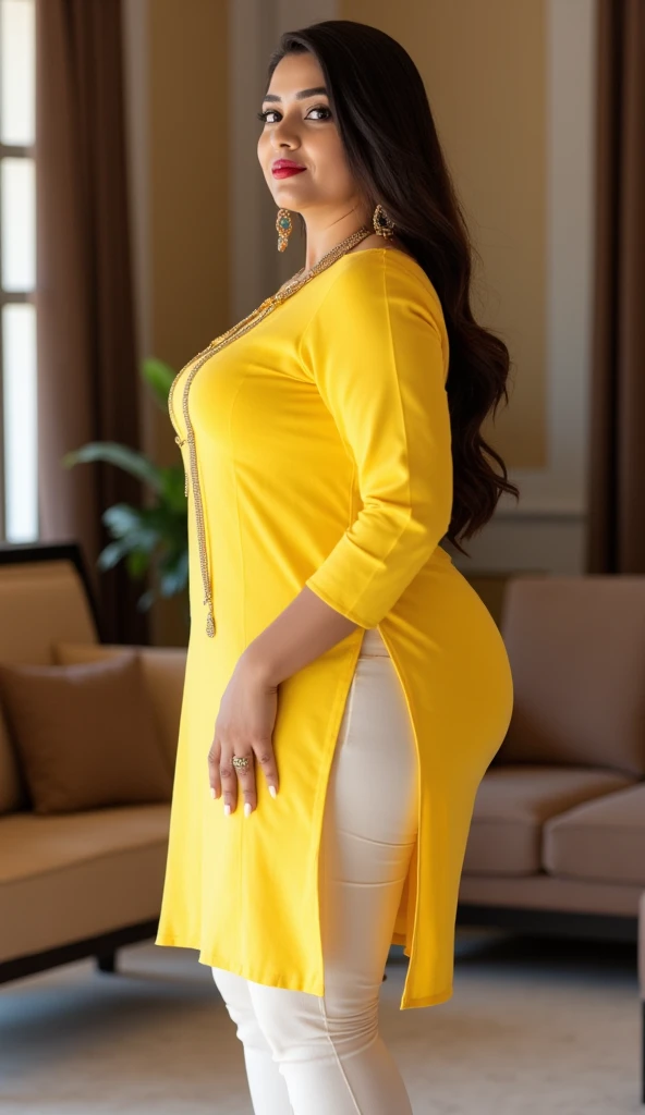 Office scene, A radiant, top view, full-figured South Indian 35 year old aunty wearing a orange colour silk short party gown , laying on couch, captured in a full-body image with vibrant hues and meticulous details. Full body image