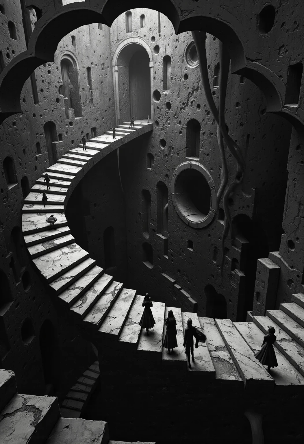 fuse M.C. Escher's geometric optical illusions. Utilize Escher's intricate linework to create fantastical illusions, amplifying the ethereal energy and inviting immersive exploration centered around M.C Escher's captivating optical Illusions. <lora:Black__White_One_Accent_Color_-_By_Dice:1>, (Black and white image, Red Accent)