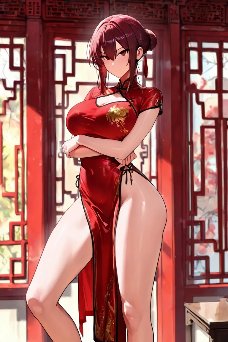 Latina Adult model Daisy Marie, Highest quality、highest quality、Highest Resolution、beautiful girl, Bright brunette hair,Short Hair、Big Breasts、Hair clip, Detailed purple eyes, ((Red cheongsam like underwear:1.4)),Firm breasts,Gold Necklace、Golden earrings、In close range