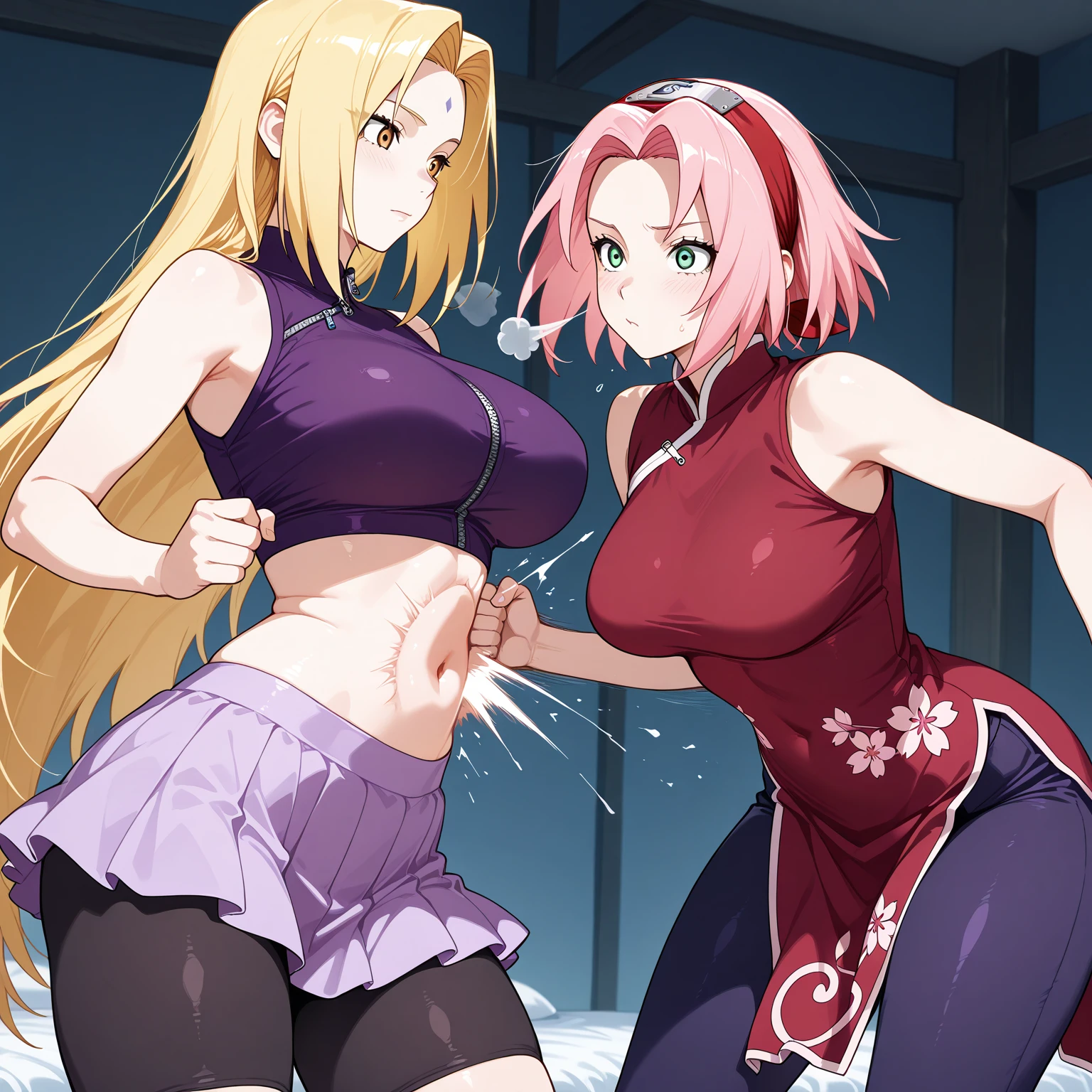 A fully transformed bimbo version of sakura haruno,1girl,2guys,lewd sex scene ,creampie,slut,free use,public sex,doggystyle, blowjob,cum leak,facial,naruto art style,anime style