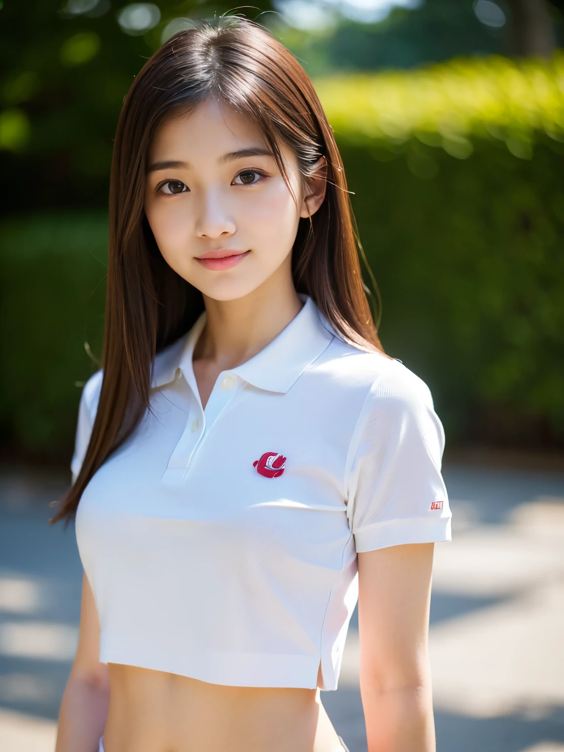 8K,masterpiece,Japanese,14-year-old girl,from the front,smile,cute,Innocent face,Innocent,Kind eyes,Childish,Plain T-shirt,Short sleeve,Shorts,semi-long,Hair blowing in the wind,Black Hair,Somewhat strong wind,noon,bright,M-shaped feet, (Large Breasts:1.2),(Emphasize the chest)