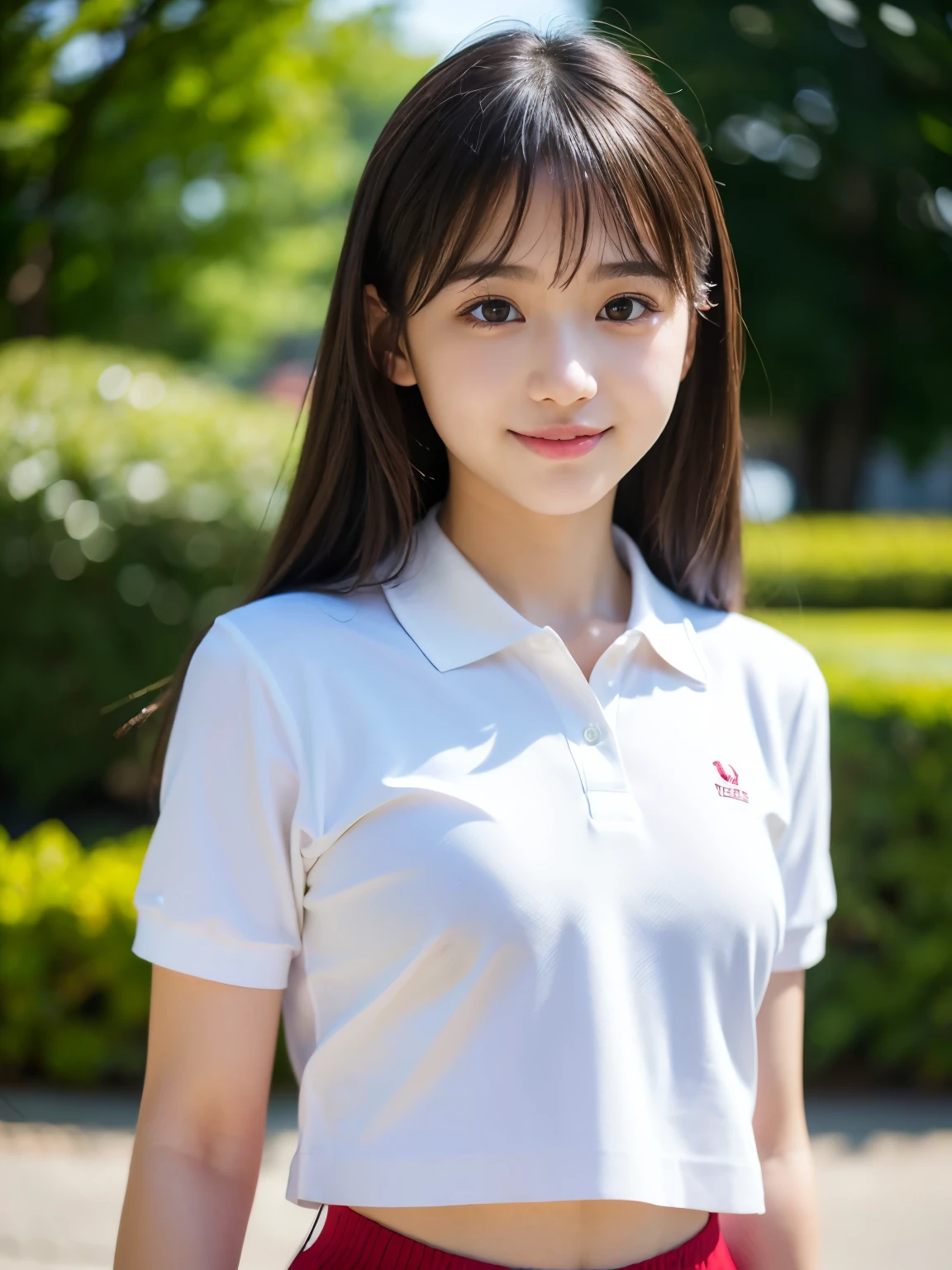 Masterpiece, top quality, 8k, 15 years old, Japanese girl, raw photo, absurdity, award-winning portrait, smile, smile, solo, summer clothes, collared, short sleeves, ruffled miniskirt, idol face, violace, Gardenia, delicate girl, black hair, black eyes, upper body, DSLR, look at the viewer, candid, sophisticated, youthful, thin arms, professional lighting, film grain, chromatic aberration, (eye and face details: 1.0 ), (Bokeh: 1.1)
