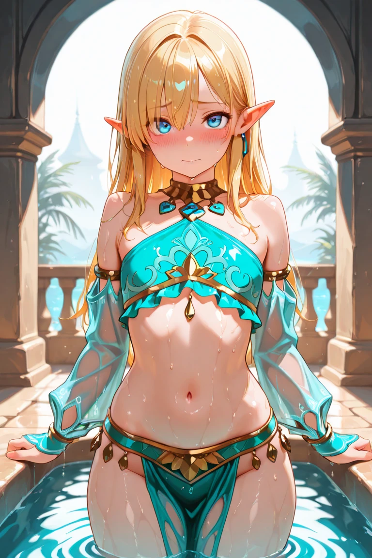young boy, longue blonde hair, elf ears, turquoise eyes, Yellow in the upper right corner, short, Transparent, open belly, fishnet tights, Masterpiece, hiquality