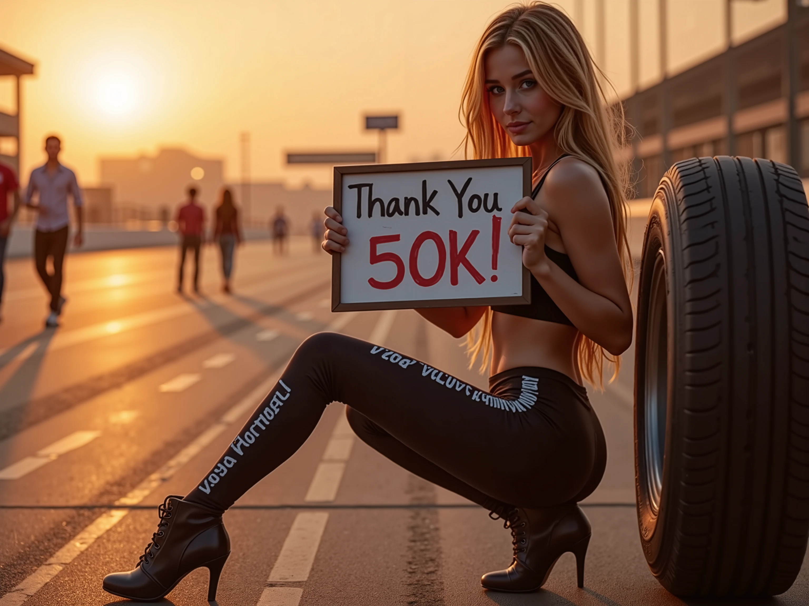 📸 Fotoprompt – „Thank You for 50K!“ – Verführerisches Grid Girl
🎭 Konzept:
A charismatic grid girl appears in a racing environment — with a hand-painted thank you sign for her fans. A mix of sporty elegance and playful eroticism.
🏁 Setting:
Ort:
Rennstrecke (Asphalt, Reifenabrieb, Grandstands in the background)
Pit Lane (mit Werkzeug, Reifenstapeln)
Siegerpodest ( If available, adjust )
atmosphere:
Abendlicht (golden hour for warm tones)
Slight traces of oil (for industrial charm)
👩 Charakter:
Aussehen:
Schlank, aber sportlich (definierte Beine, athletische Haltung)
Lange Haare (open or in ponytail)
A cheeky smile (between “sweet” and “challenging”)
Outfit:
Enge Leggings (Rennstrecken-Logo, z. B. Monaco GP or Nürburgring)
crop top or tight-fitting tank top (color suitable for the team)
High Heels (or stylish sneakers for a modern look)
Starter-Flagge als Cape (optional)
🛠️ Props:
Handgemaltes Schild:
„Thank You for 50K!“ (imperfect with Edding, Herzen & racetrack symbols)
Weitere Accessoires:
racing gloves (casually in one hand)
headphones (hung around the neck)
Trophy (als Requisit, z. B. Mini-Pokal)
📷 Kameraeinstellungen:
Pose:
crouching next to a tire, shield in front of the chest
Or: On the winners' podium, shield waving a flag
Look:
Straight into the camera (“You made that possible!“)
Spielerisch (tongue slightly between the teeth)
Licht:
Warmes Streiflicht (accentuates curves of the body)
Leichte Kontraste (hard shadows for a dynamic look)