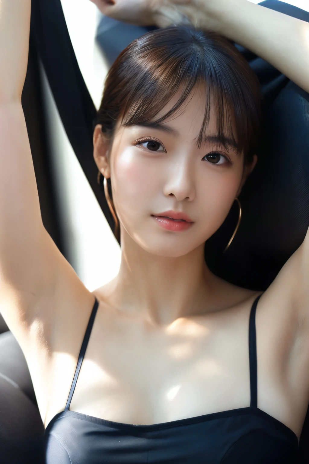 (masterpiece:1.3), (8K), Photorealistic, Raw photo, In the living room where the morning sun shines、Sit on the sofa and relax、Wearing a tube top、Wearing shorts、(Best image quality: 1.4), 23-year-old girl、Super detailed face、Attention to detail、double eyelid、Sharp focus:1.5、Beautiful woman:1.4、Light brown hair、ponytail、Natural color lip、Highest quality、masterpiece、Ultra-high resolution、(Photorealistic:1.4)、Highly detailed and professional lighting、thin、Serious expression、Clear Skin、Random pose、Shiny Hair、Naturally smiling face