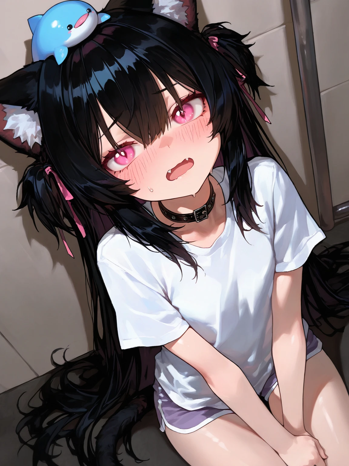 Denim shorts,V-neck sweater,Belly button,undone clothing,(1girl,Beautiful 14 year old girl),((Slender,,low length,Small breasts,Thin legs,Small Ass,Baby Face,Small face)),Hands Behind Back,lick,open mouth,tongue out,cum on tongue,front face,from front,front view,looking at viewer, looking ahead,from above,cowboy shot,Black Hair,two side up,Gray Eyes,Drooping eyes,slit pupils,narrow eyes.middle School girls,Collar with leash,Kneeling,Straight Stand,Beautiful and detailed anime art,Mischievous smile,Sexy vibe,Dimly lit room,On the bed,Simple Background,Gray background,Low lighting
