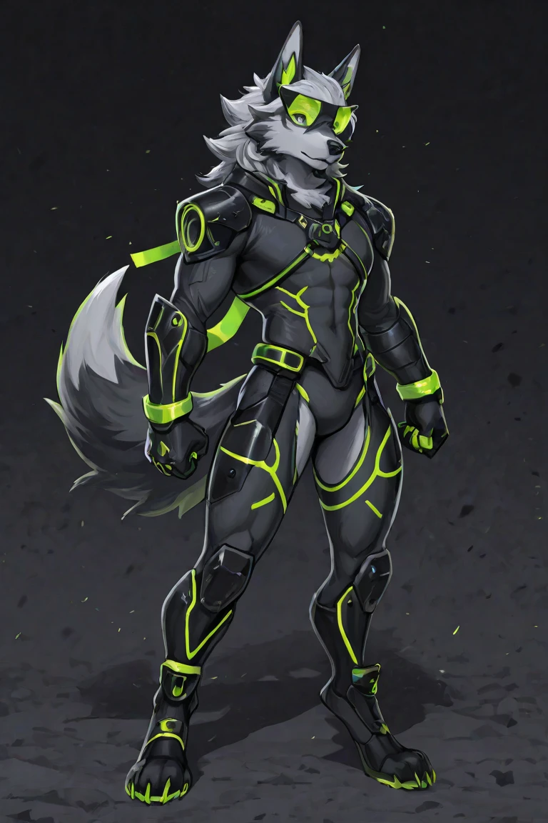 Male, robot Gray wolf, detailed green eyes, long tail, big nipples, slim, sly, simple background, smirk, bulge, tail wrapping around body,((standing_split standing_on_one_leg Stance)),((a robot wolf showing his sexy beautiful legs and feet)),(split)