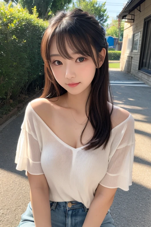 (Best image quality、8k、masterpiece:1.3))、Realistic high-quality photos、highest quality、pretty girl~Well-groomed face、25 year old beautiful Japan woman、Photos of slim models、Big model、若いJapanese Girls、Young and pretty face、Japanese Girls、25-year-old female model、Beautiful model girl、The innocent look of the girl next door、Nice delicate face、Brown Hair、Beautiful brown eyes、Tear bags、Drooling eyes、Young Body、mini skirt 、Tank top, summer
