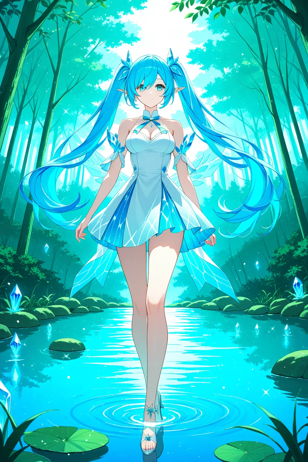 a portrait of an elf girl with freckles and bright striking blue eyes posing for a photo,full body, exposed shoulders, fit, defined abs, thongs, white freckles, long flowing green hair flying, glowing radiance, beautiful, smiling, cute smile,color portrait, stunning portrait, elegant freckles, star-shine, gold dust across her skin and her face, (dark, hyper-realistic photos, refraction,Dark background of magical night forest, deep woods, towering ruins, starlight skies, A mystical and epic landscape, featuring a fantastical and surreal world of floating islands, giant trees, and mythical creatures, that transport the viewer to a world of imagination and wonder, artstation, digital art, intricate, trending, bright colors, A masterpiece, the best quality, stunning reflections, the best reflections ever. (very detailed CG unity 8k wallpapers), (best quality), (best illustrations), (best shadows), forest theme with natural elements. Tall trees, quiet streams, small glowing mushrooms surrounded by delicate leaves and branches, with fireflies and glowing particle effects, (natural elements), (jungle theme), (leaves), (twigs), (fireflies), butterflies, (delicate leaves), (glow), (particle effects). , Isometric 3D, Octane Rendering, Ray Traced, Super Detailed, full body view, full body shot, bare feet, beautiful feet, beautiful body, tigh body, thick thighs, thigh gap, cameltoe, large breasts, large ass, open legs, pussy, hard nipples, perky , visible areolas, nsfw, A mixture of thick and thin lines, 8K, wavy hair, below view, crotch focus