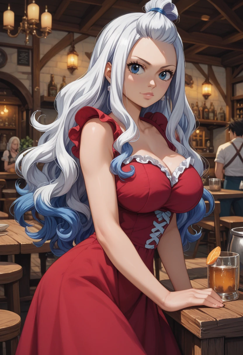 1 girl, Mirajane Strauss, Fairy Tail, maroon dress, bartender, standing behind counter