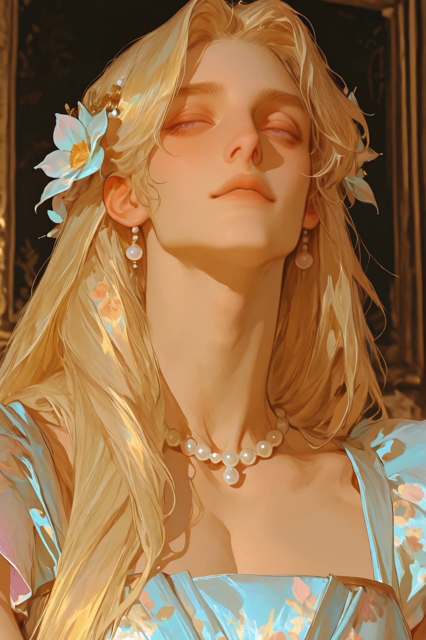 close-up, looking straight, front view. gentle eyes , A man posing as a woman, long blond hair ,slightly feminine facial contours, masculine but soft figure, wears glittery royal dress, silk material , pearl jewelry , floral accessories, flowers in hair , mouth. looking straight, front view. gentle eyes .