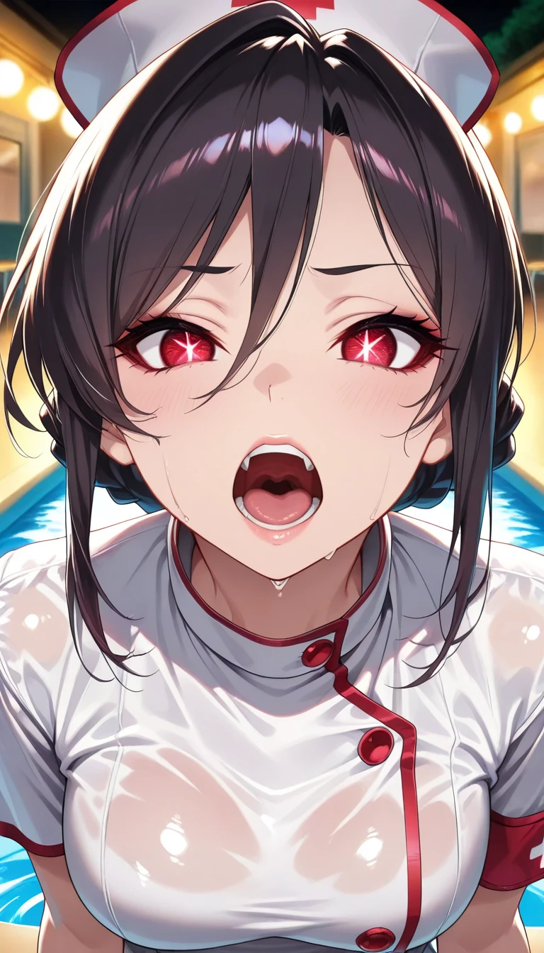 (1girl, shameimaru aya, Touhou), beautiful detailed eyes, red eyes, half-closed eyes, (tareme), (opened big mouth, licking, Sticky tongue), nsfw, (close-up mouth), (curvy, Slender),(cleavage), from above, Highest quality, Super detailed, masterpiece, Ultra-high resolution, 8k, Embarrassing, blush, Lovely, (With tears in my eyes), Sticky saliva