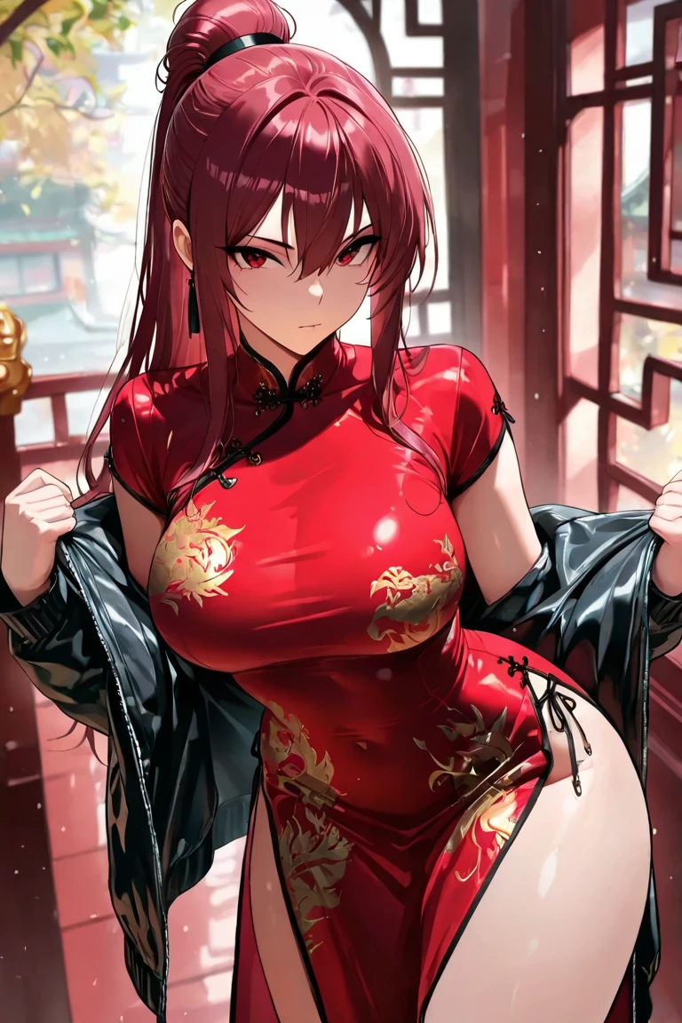 highest quality、Nice sexy body、One Woman、solo、(Beautiful busty woman:1.5)、Medium hair woman、((Woman with dark red hair))、(A woman wearing a black Chinese dress)、A woman wearing brown pantyhose、Smiling woman、Chinatown