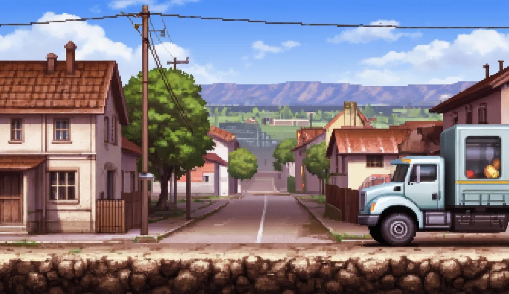 texture for a classic platformer with side view, 16-bit graphics, style of old Sega, games only the basis of the location (land and character path, sky), empty location for adding objects then, Soviet style, the action takes place in Russia, provincial town, Comix Zone, Background texture for a classic platformer, only sky background and road, empty locations for adding objects, readable way to have a place to put the hero, high quality, classic 16 bit game style, platformer with side view, Sega mega drive style