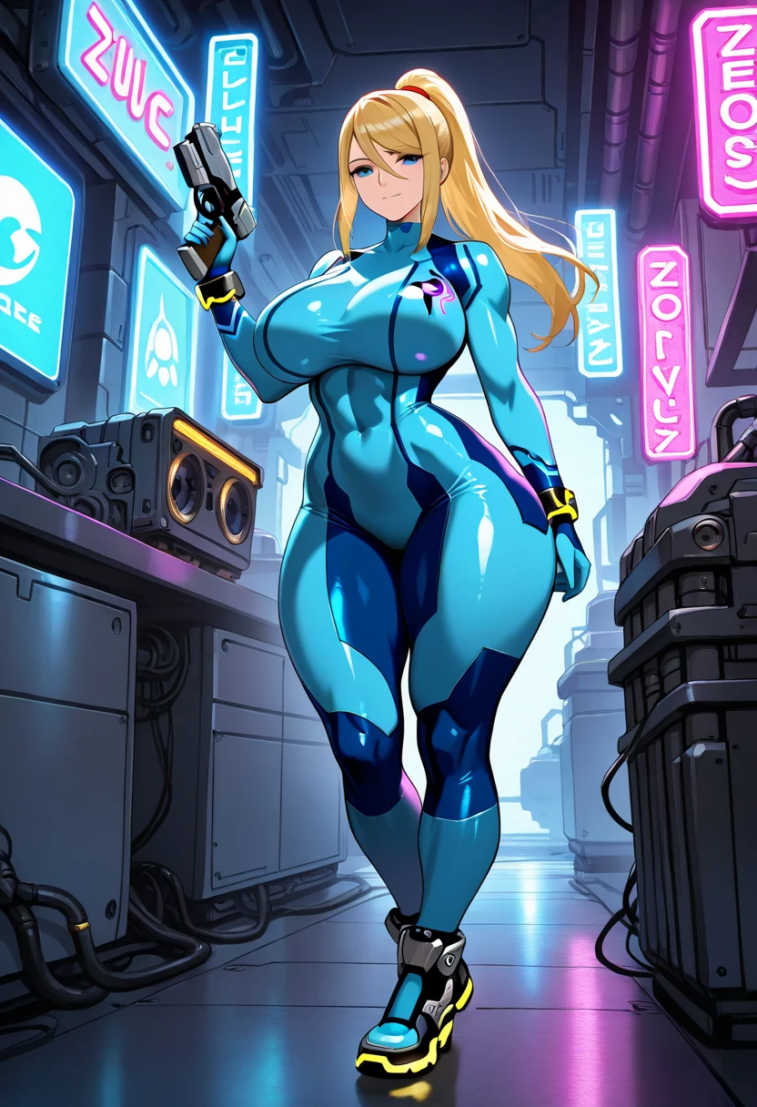 sexy, VR headset, head-mounted display, female, clothed, inside, full body, samus, bodysuit, zerosuit, large breasts, narrow waist, wide hips, yellow heels, orgasm

