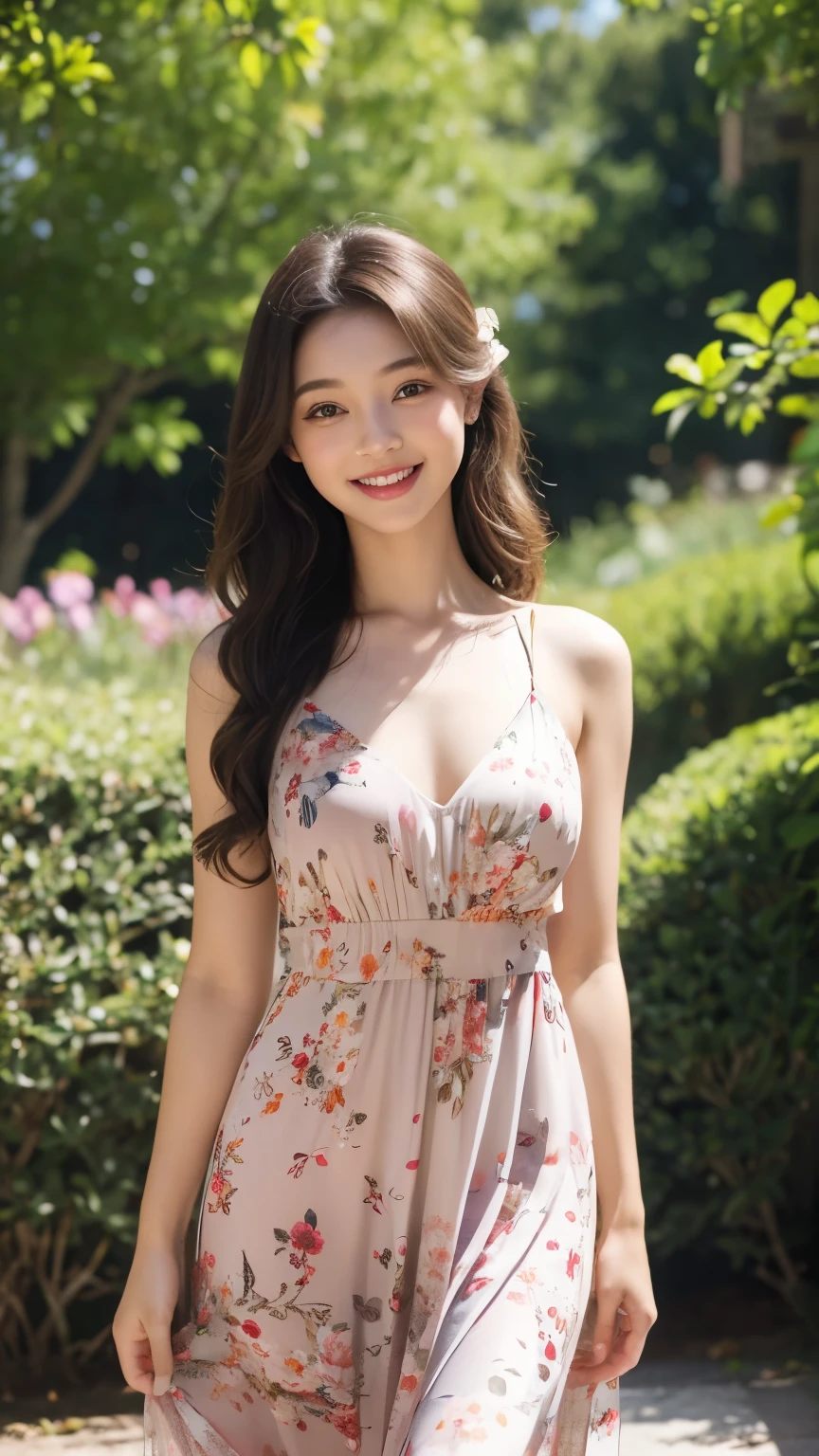 highest quality, figure, super detailed, finely, High resolution, 8k wallpaper, 完璧なダイナミックな構figure, beautiful skin, (big eyes), 20 year old beautiful girl, natural color lip, (sexy pose), Mid chest, smile, Highly detailed face and skin texture, Detailed eyes, Double eyelid,leaking teeth and laughing, close-up, profile, long brown hair, (pink dress:1.2), In town