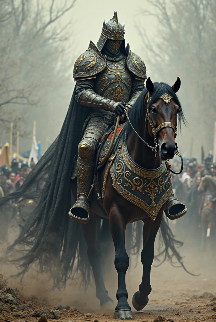 headless rider,Wearing armor,Riding a horse,Horses also wear armor