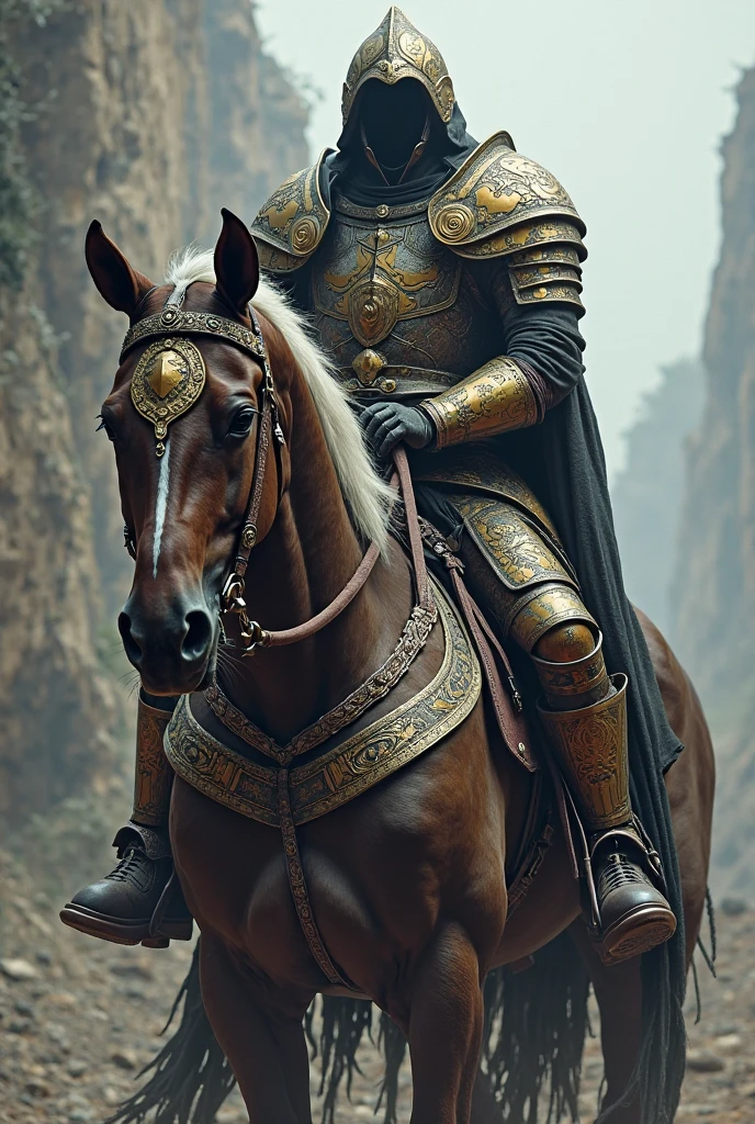 headless rider,Wearing armor,Riding a horse,Horses also wear armor