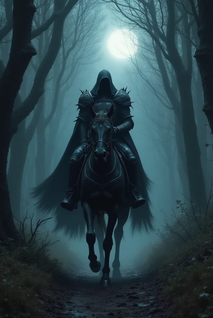 headless rider,Wearing armor,Riding a horse,Horses also wear armor,walks through the dark forest,Black armor,Moonshine