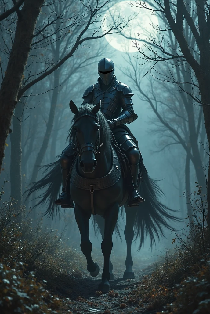 headless rider,Wearing armor,Riding a horse,Horses also wear armor,walks through the dark forest,Black armor,Moonshine