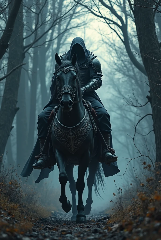 headless rider,Wearing armor,Riding a horse,Horses also wear armor,walks through the dark forest,Black armor,Moonshine