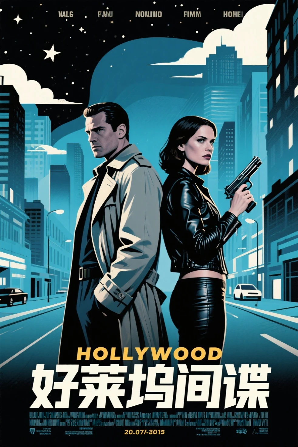 Hollywood spy thriller poster：Mysterious man in trench coat and woman in tight jacket standing back to back，Sharp eyes，holding handgun。background uses multi-scene narration and double exposure。in pop art style，Thrilling suspense。deep blues、black、red and tones，for dramatic effect。