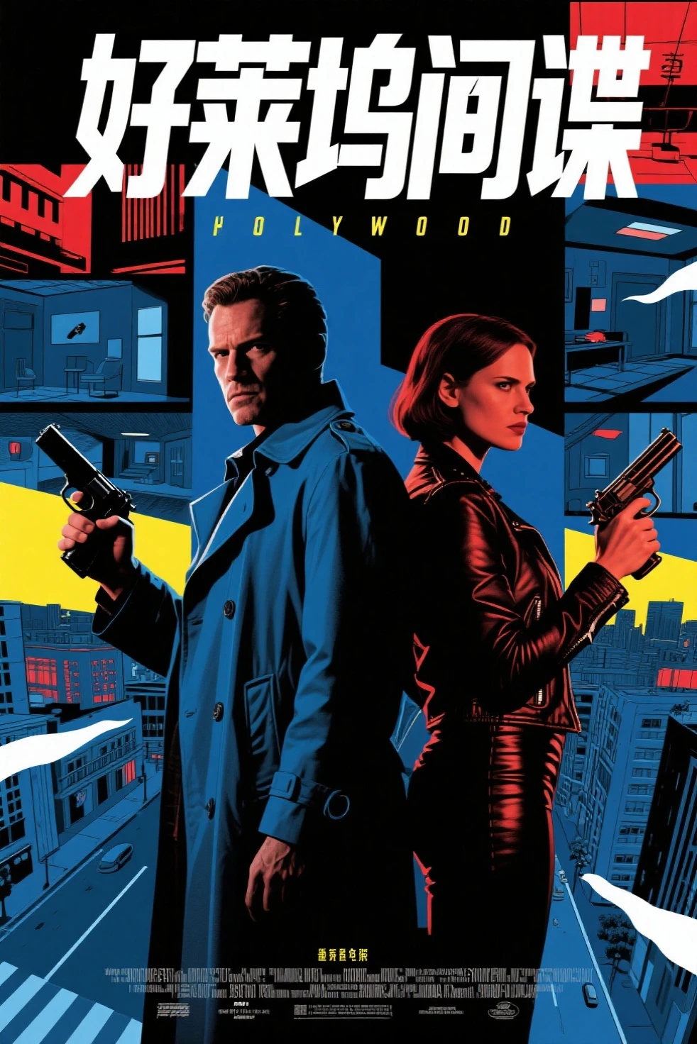 Hollywood spy thriller poster：Mysterious man in trench coat and woman in tight jacket standing back to back，Sharp eyes，holding handgun。background uses multi-scene narration and double exposure。in pop art style，Thrilling suspense。deep blues、black、red and tones，for dramatic effect。