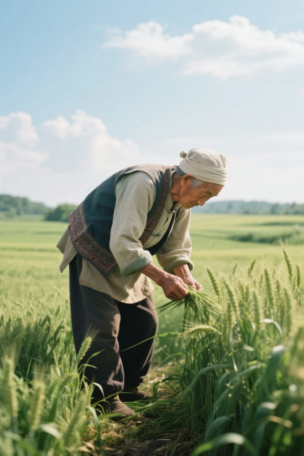 An old farmer,Growing wheat in the fields