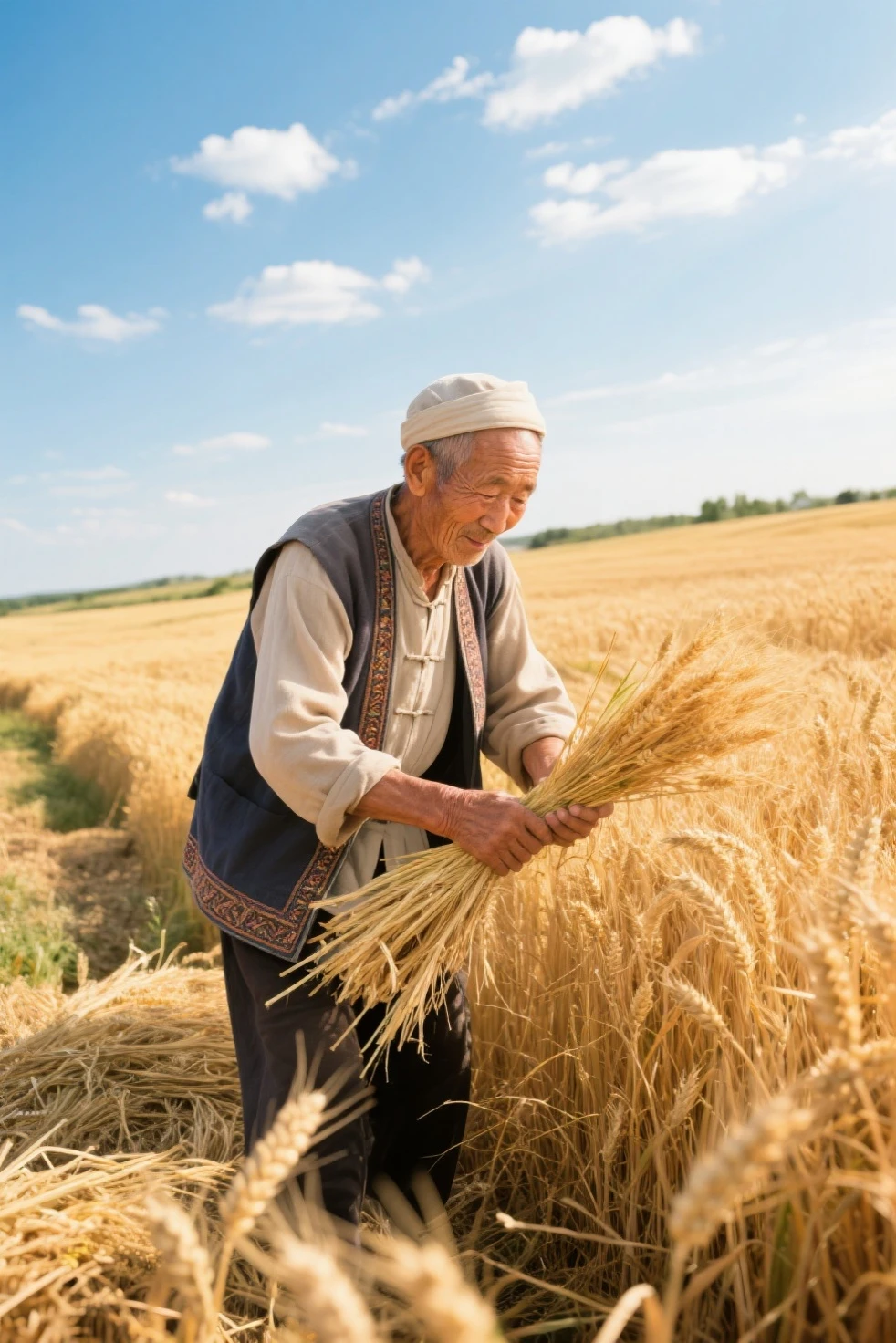 An old farmer,Growing wheat in the fields