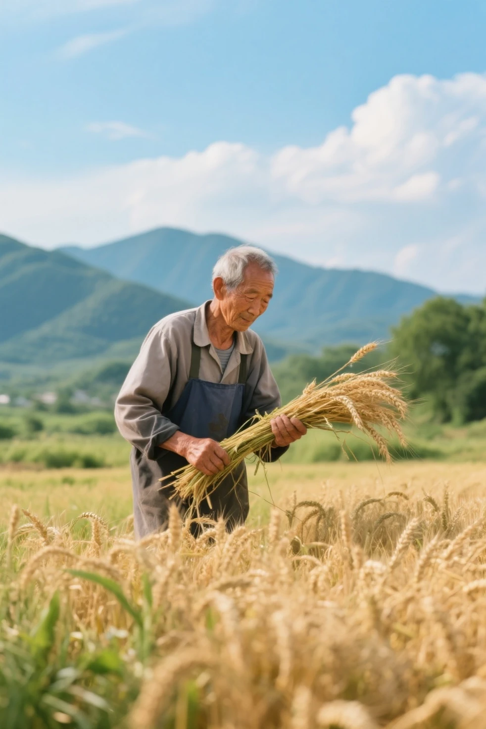 An old farmer,Growing wheat in the fields