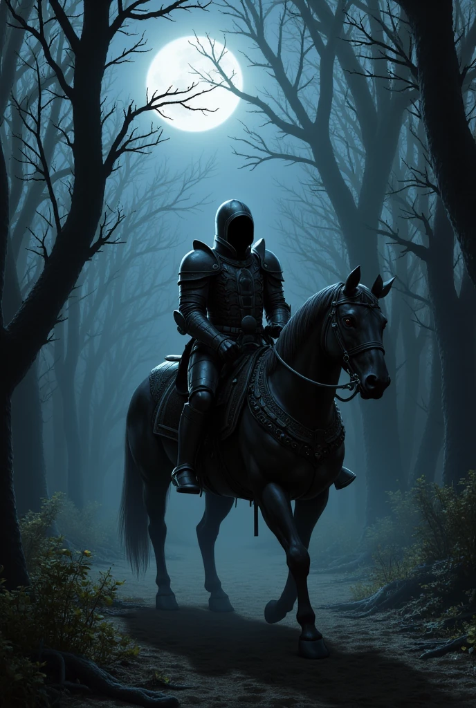 headless rider,Wearing armor,Riding a horse,Horses also wear armor,walks through the dark forest,Black armor,Moonshine