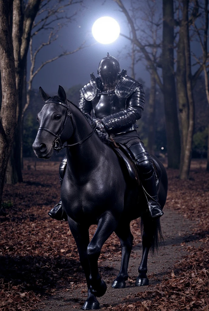 headless rider，Wearing armor，Riding a horse，Horses also wear armor，walks through the dark forest，Black armor，Moonshine